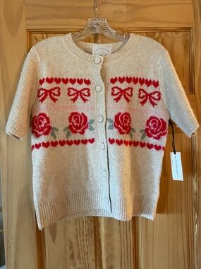 cupcakes & cashmere Beige Short-Sleeve Cardigan with Red Rose and Bow Pattern